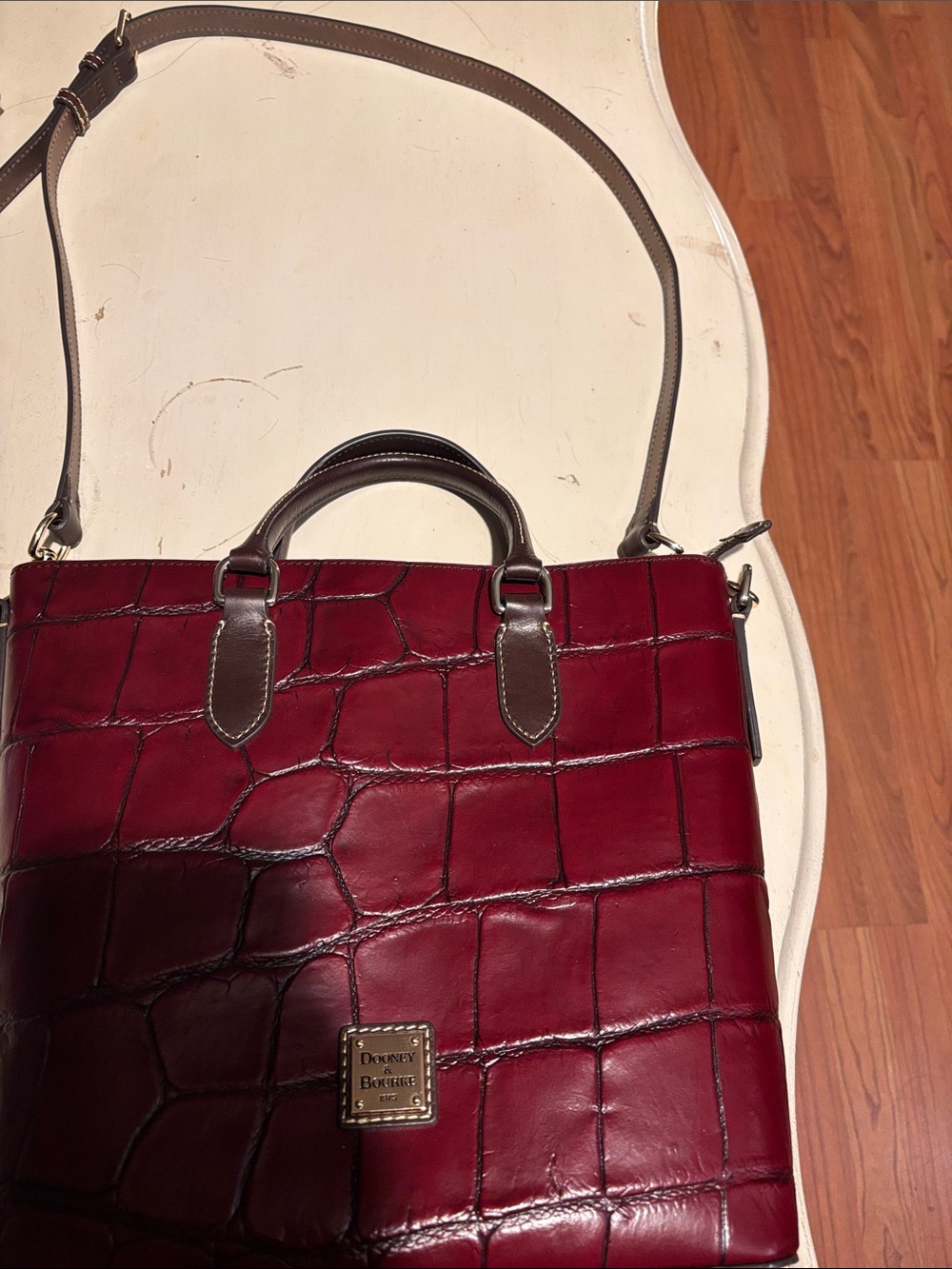 Dooney & Bourke Burgundy Croc-Embossed Leather Messenger with Brown Trim